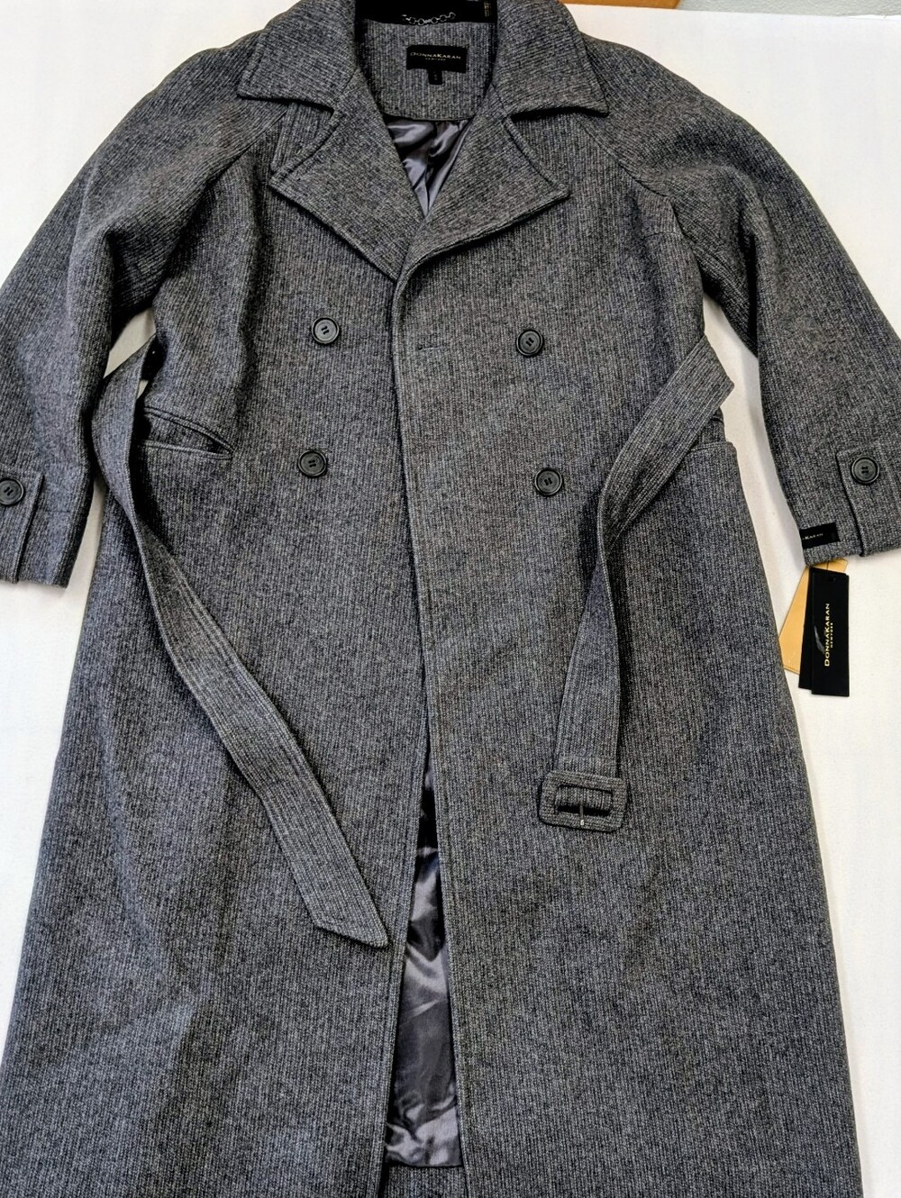 Donna Karan New York Women's Gray Wool Blend Double Breasted Long Coat Size L NW